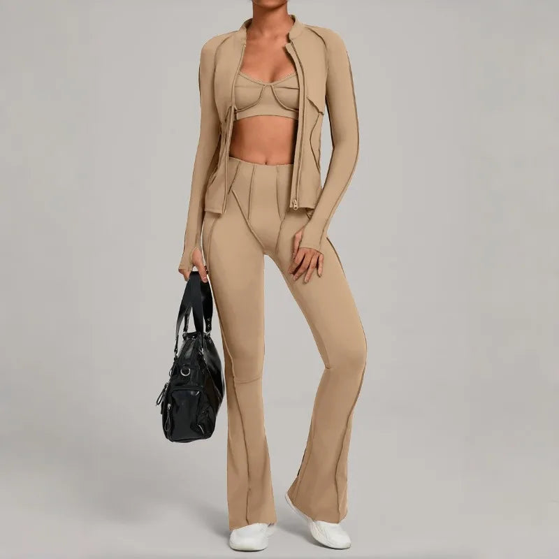 3PCS Women's Seamless Yoga Sets Sports Jackets Bra Flared-pants Suits Slim Fit Hip-Lifting Tracksuits Fitness Gym Workout Sets