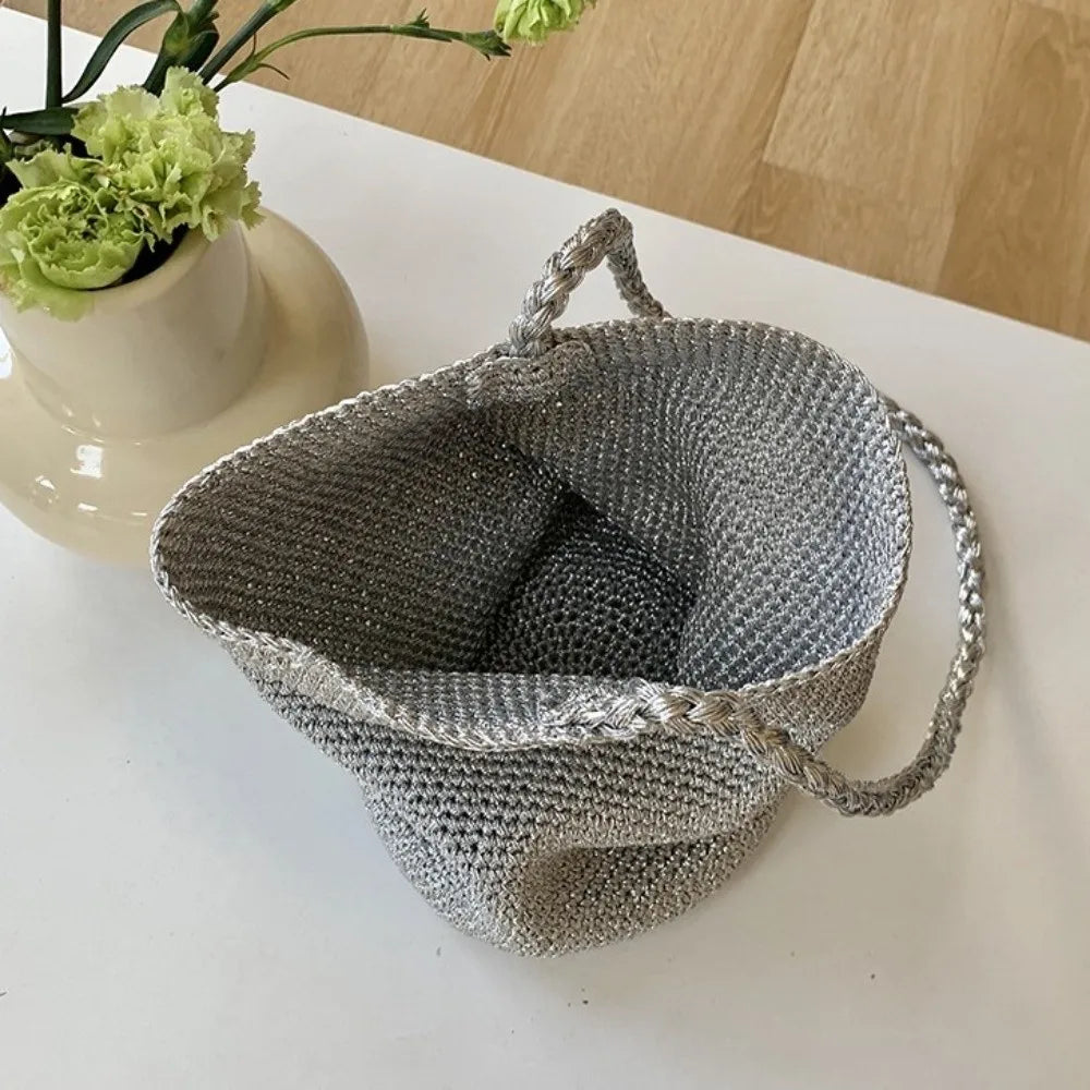 New Large Capacity Handwoven Bucket Bag Solid Color Boho Metal Line Bucket Bag Straw Design Handmade Crossbody Bag Gifts