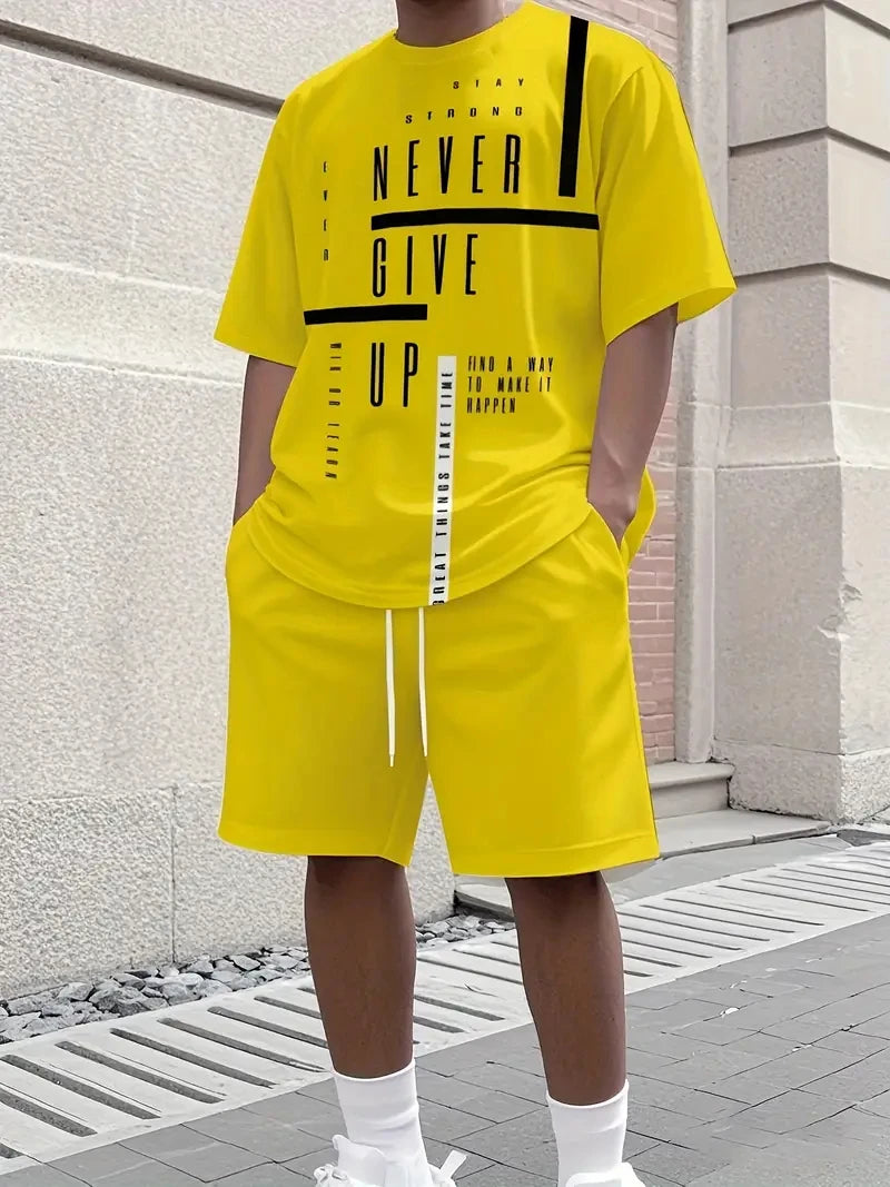 2025 Summer Men's Clothing Letter Print Short Sleeve Top Men's Elastic Waist Shorts 2-piece Set Plus Size T Shirts Shorts Set
