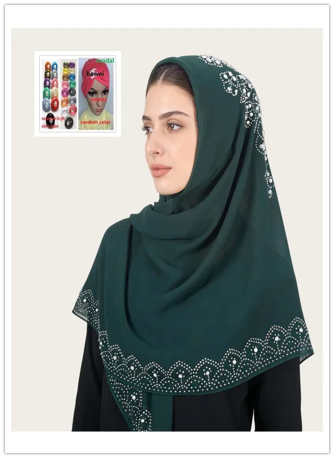 Muslim Square Scarf Women Fashion Rhinestone Hijab Arab Headwrap Turban Headband Pearl Chiffon Islamic Headscarf  Free Pin