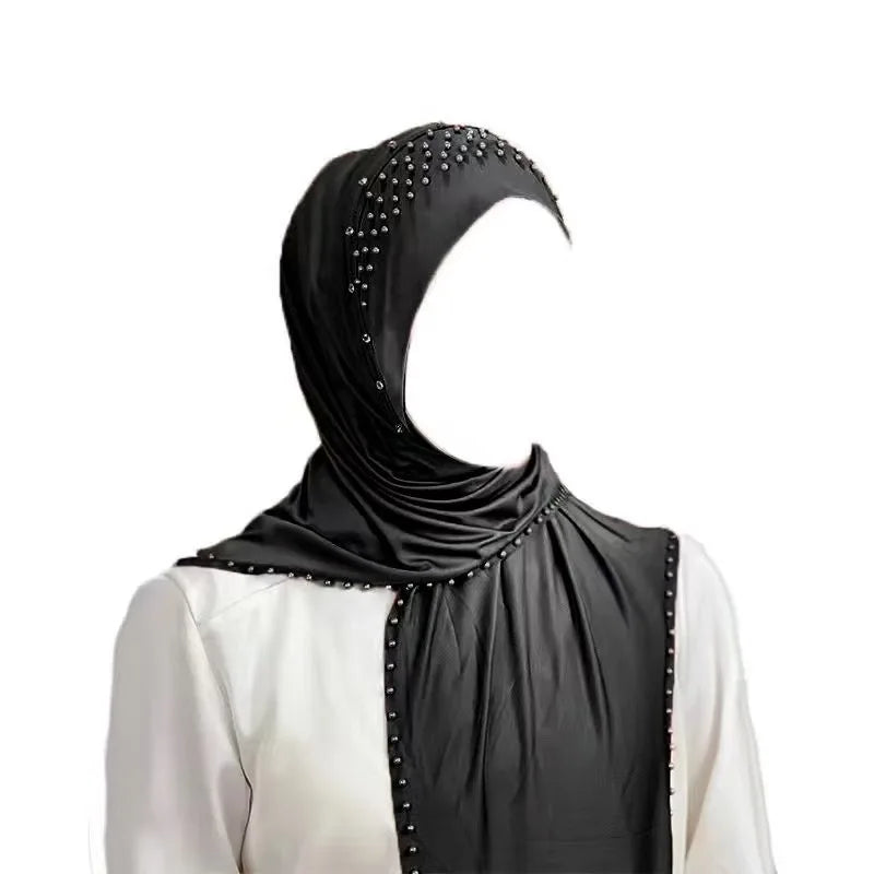 Convenient Instant Hijab Pullover Beaded Scarf Malay Shawl Women's Solid Color Headscarf (One Cap Gift)
