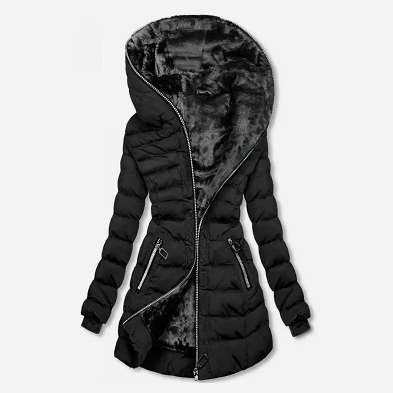 Women's Hooded Fleece Lined Jackets Long Sleeve Cotton Padded Winter Fit Warm Medium Length Coat Zip Up Stylish Women's Clothing