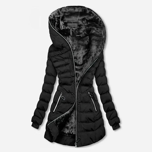 Women's Hooded Fleece Lined Jackets Long Sleeve Cotton Padded Winter Fit Warm Medium Length Coat Zip Up Stylish Women's Clothing