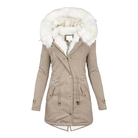 Thicken Women Winter Cotton Coat Faux Fur Hood Fleece Zip-up Button Jacket Windproof Mid Length Slim Outerwear
