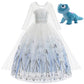 Disney Elsa Princess Dress For Girl White Printed Long-Sleeved Lace Dress Festive Party Gift Set Frozen Dress Fire Spirit Olaf