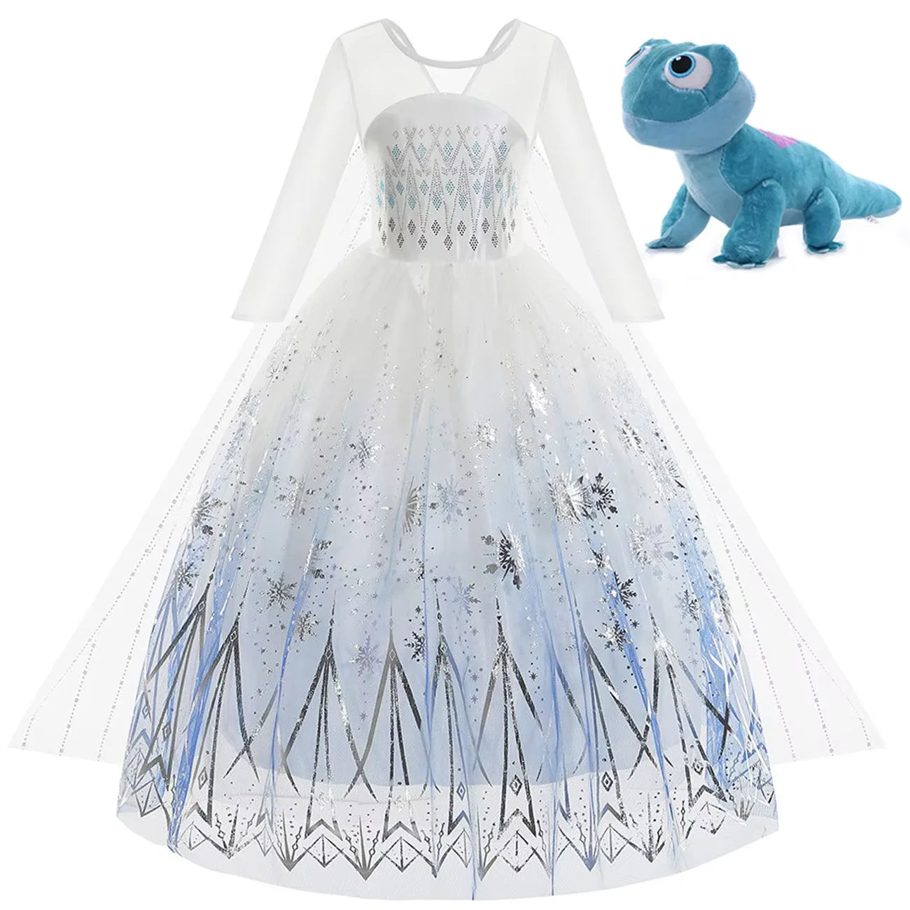 Disney Elsa Princess Dress For Girl White Printed Long-Sleeved Lace Dress Festive Party Gift Set Frozen Dress Fire Spirit Olaf