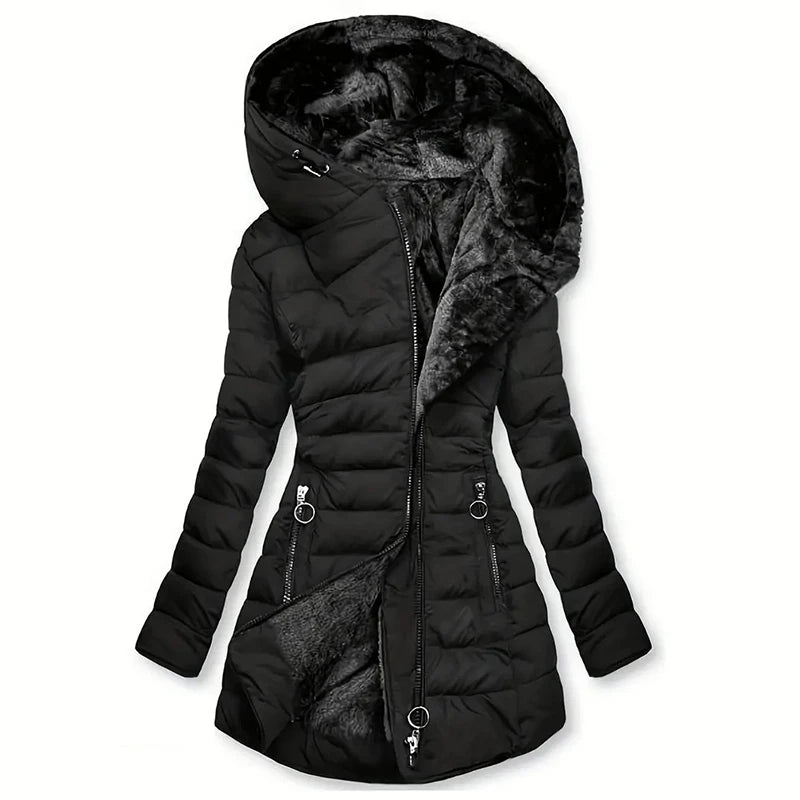 Women's Hooded Fleece Lined Jackets Long Sleeve Cotton Padded Winter Fit Warm Medium Length Coat Zip Up Stylish Women's Clothing