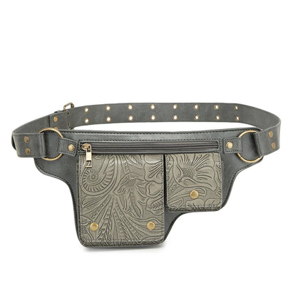 Medieval Punk Waist Bag PU Leather Retro Emboss Adjustable Outdoor Motorcycle Crossbody Pouch Casual Sports Portable Hip Bags