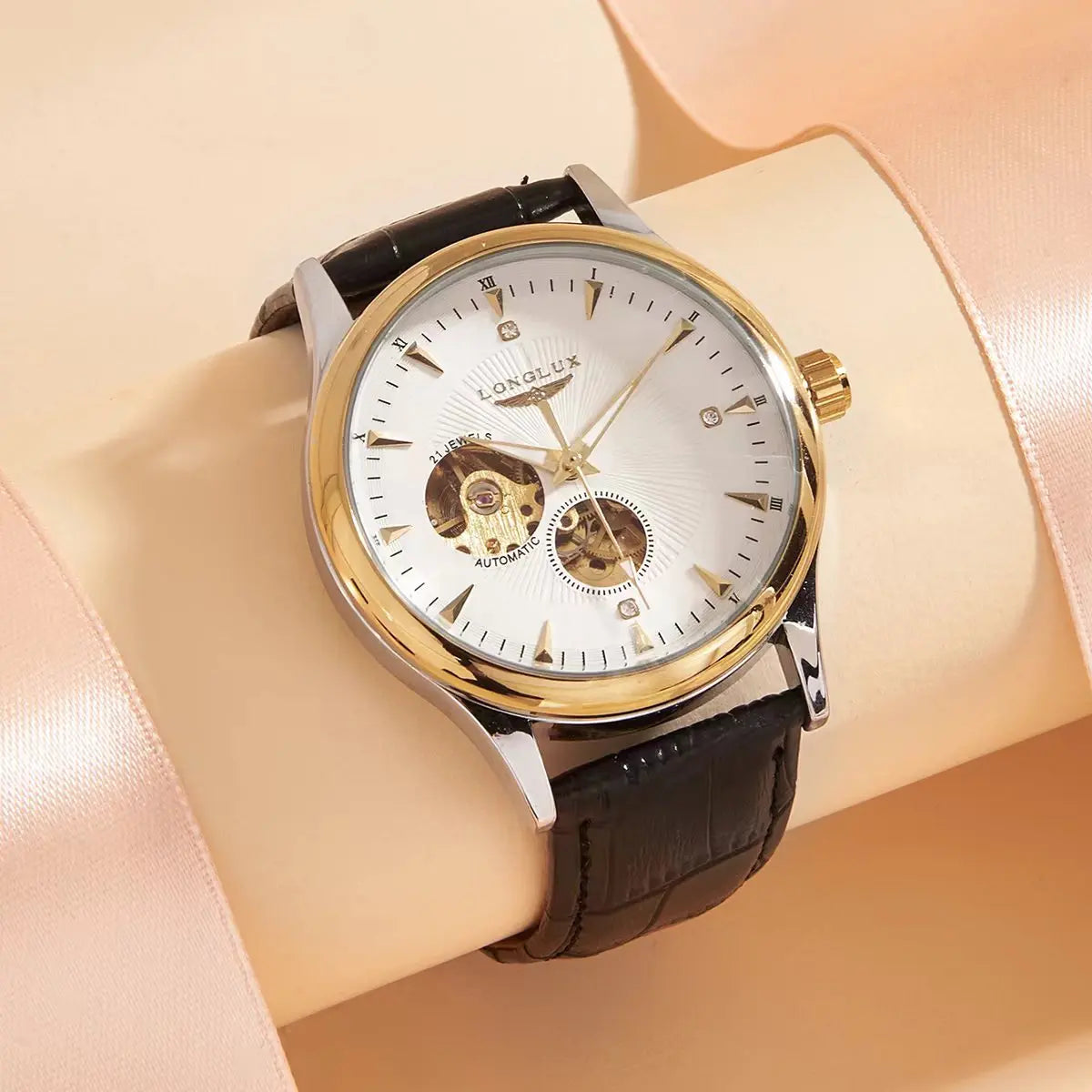 LONGLUX Automatic Watch Elegant Style Wholesale Mechanical Wristwatches Skeleton Rome Waterproof Mens Watch Men Gift