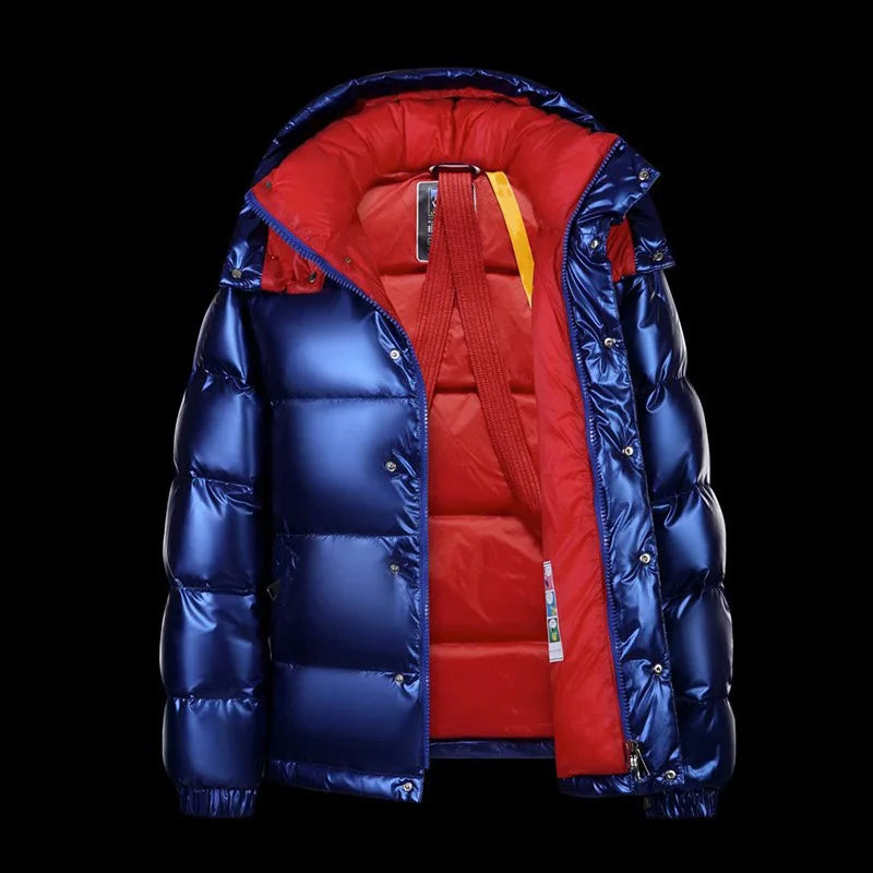 New 2025 Men's White Duck down Jacket Thickened Short Hooded Coat Warm Stylish Brand Bright Surface Men's Outerwear Coat
