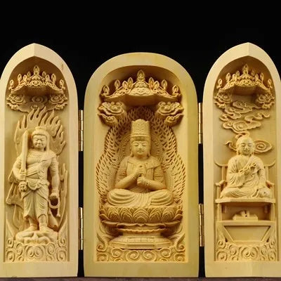 Solid Wood Carving Three Open Buddha Statue, Collapsible Sculpture, Living Room and Bedroom Decoration, Modern Art