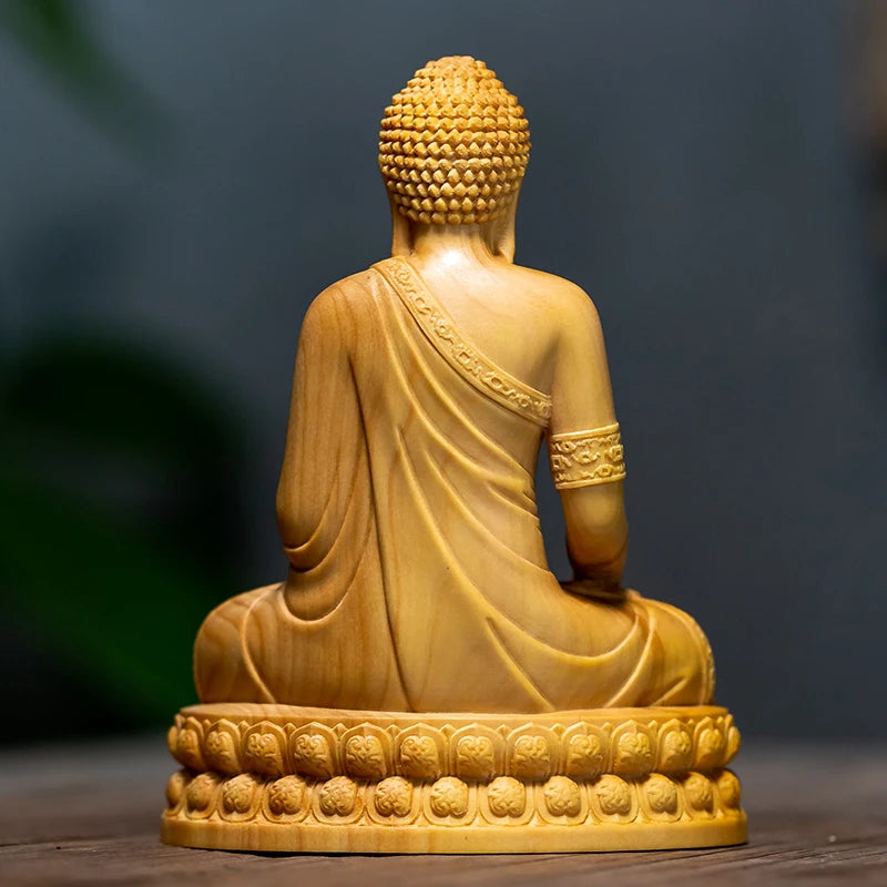 Natural Cypress Lndia Shak yamuni Buddha Characters Figurines Hand Carved Solid Wood Home Room Office Feng ShuiDecoration Statue