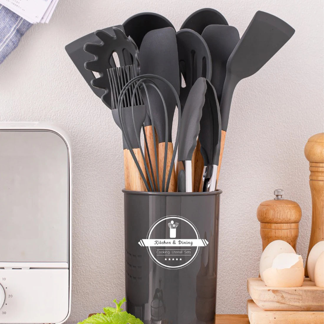 Silicone Kitchen Utensils Set 12-Piece, Heat Resistant, BPA Free, Wooden Handles & Storage Bucket for Non-Stick Cookware, Baking & Cooking