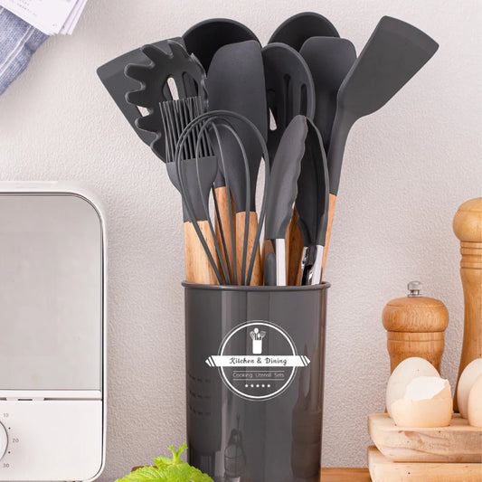 Silicone Kitchen Utensils Set 12-Piece, Heat Resistant, BPA Free, Wooden Handles & Storage Bucket for Non-Stick Cookware, Baking & Cooking