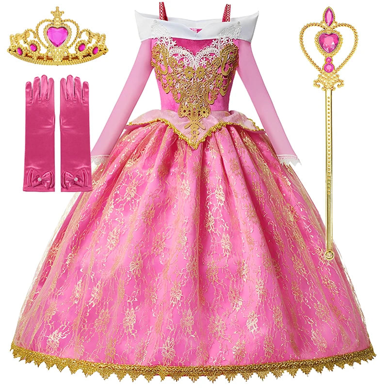 Girl Aurora Princess Dress Children Luxurious Cosplay Costume Rose Pink Briar Rose Outfit Kids Carnival Birthday Party Clothing