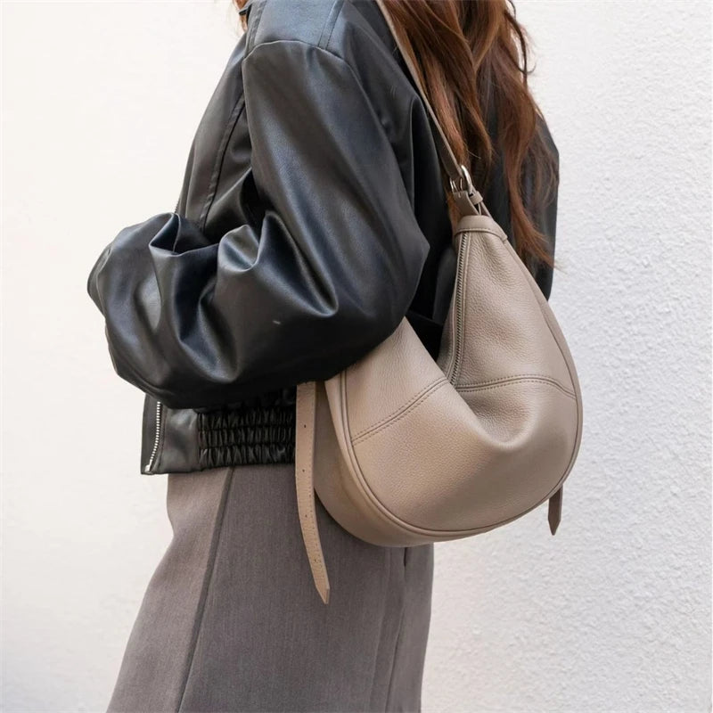 BURMINSA Soft Genuine Leather Crescent Hobo Bag For Women Slouchy Cowhide Shoulder Bag Retro Daily Work Crossbody Purse Handbags