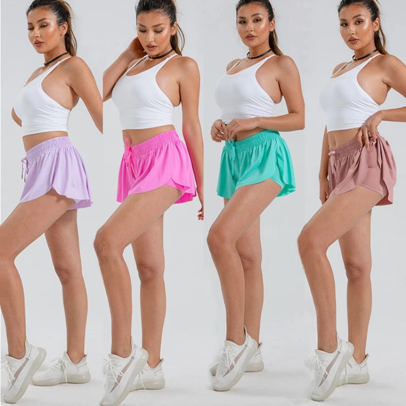 2 in 1 Flowy Sports Shorts Women Running Short Butterfly Tennis Skirt with Pockets Gym Yoga Athletic Biker Spandex Skirts Summer