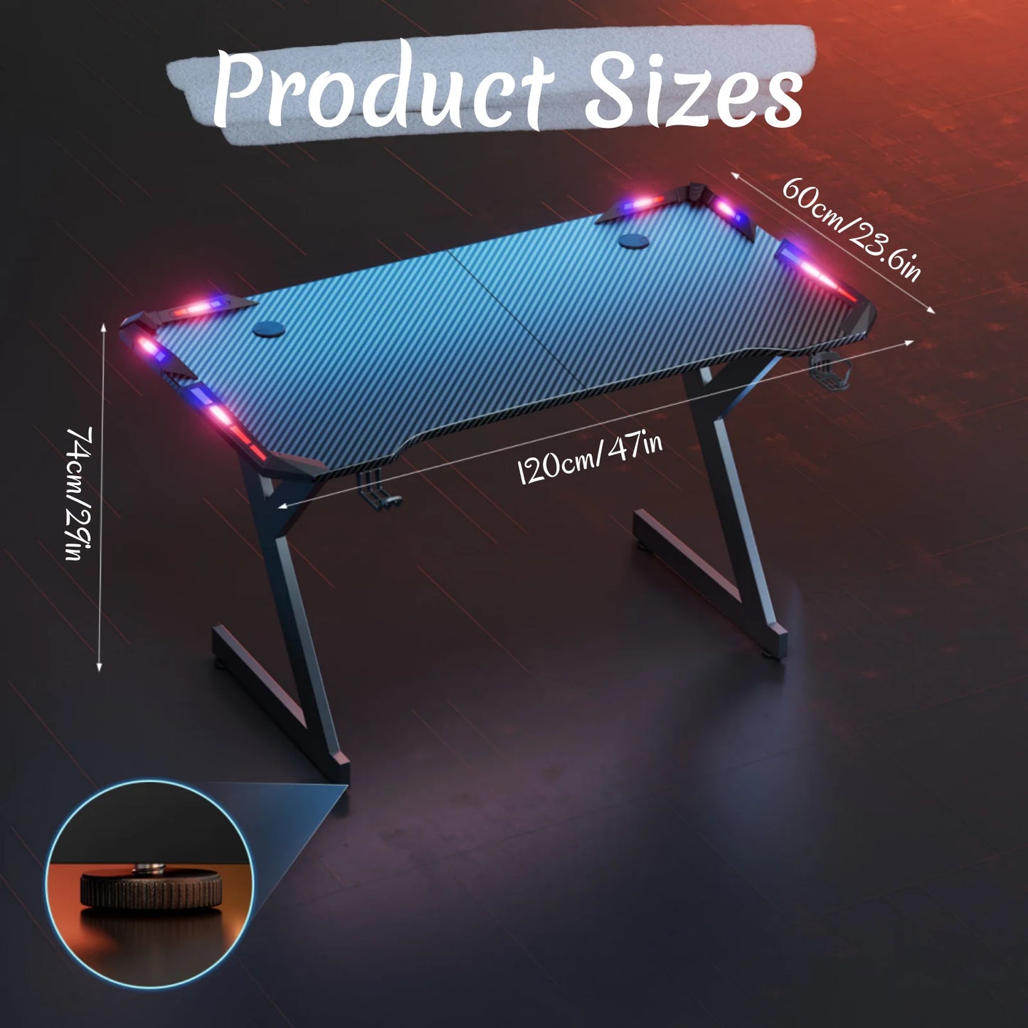 FRODROVIA Ergonomic Gaming Desk with RGB LED Lights Carbon-Fiber Surface PC Workstation Table with Headphone Hook And Cup Holder