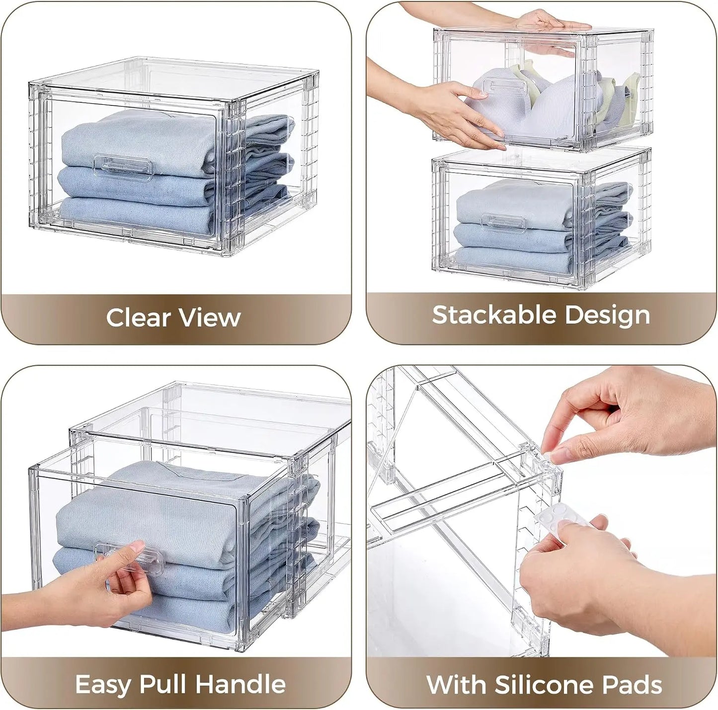 4 Pack Clear Stackable Storage Drawers 15QT, Easily Assemble Closet Organizers,Plastic Storage Bins for Bathroom,Cabinet,Kitchen