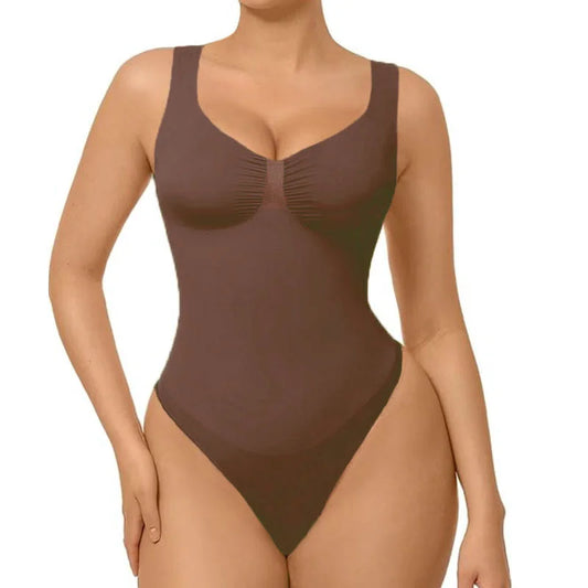 Guudia Ruched Breast Shapewear Bodysuit Wide Shoulder Strap Tummy Control Bodysuits V Neck Shaper Bodysuit Tank Top Bodysuit