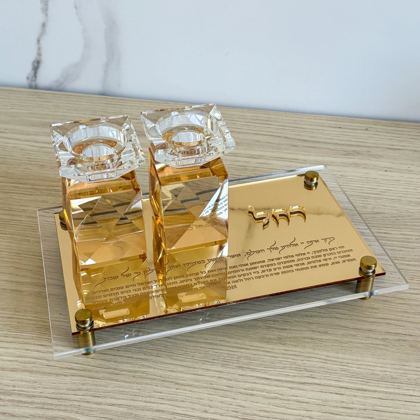 Custom Engraved Hebrew Crystal Shabbat Candlestick Set Gold Mirror Acrylic Tray Jewish Sabbath Candle Holder Judaica Gift