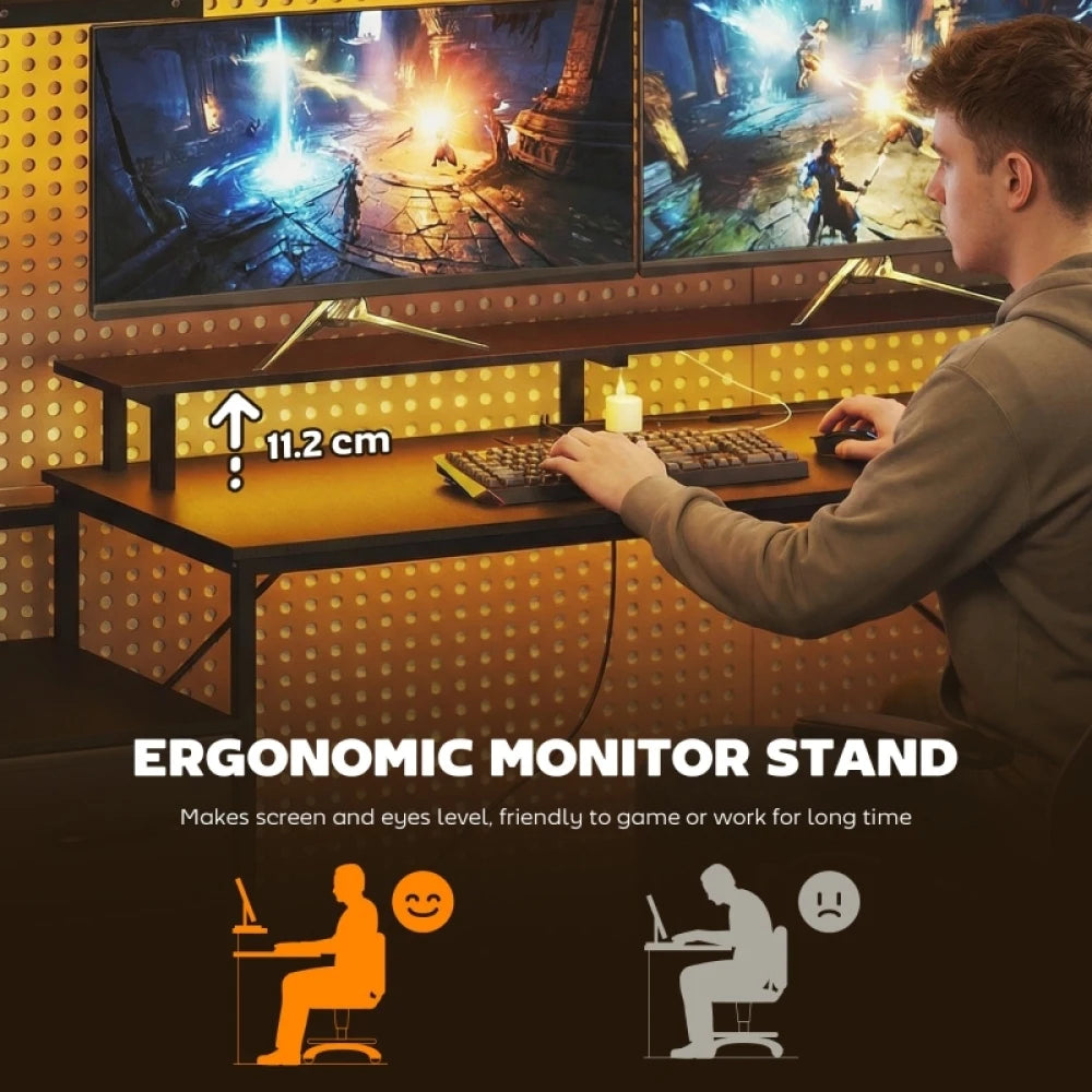 147cm Gaming Desk with Left/Right Adjustable PC Host Stand RGB LED Monitor Riser for Dual 27" Monitors Built-in Power Hub USB-C 3 Fabric Drawers Steel Frame Max 80kg Load Computer Table