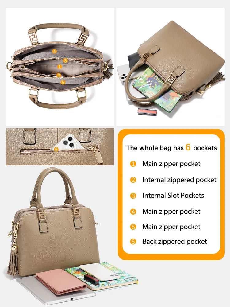 Zency 2025 Winter Women 100% Genuine Leather Shoulder Bag Ladies Crossbody Bag Elegant Tassel Top Handle Bag For Commuters Purse