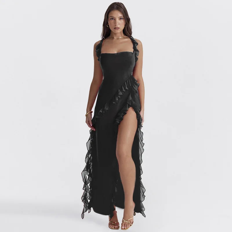 Sexy Strap Fungus High Slit Dress Red Backlesss Elegant Patchwork Women's Summer Long Lace Dress Party Date 2026 Spring Sexy