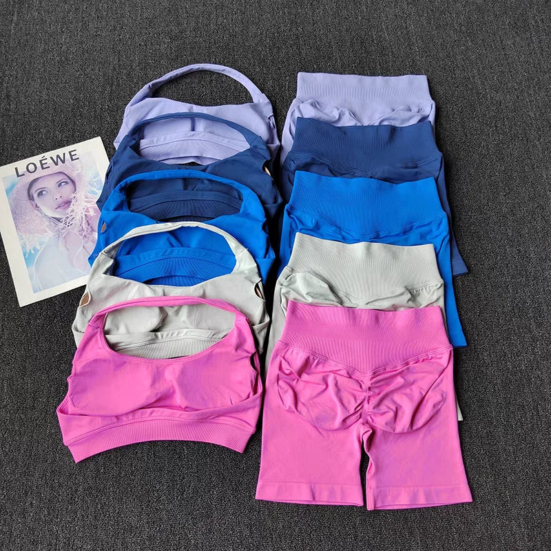 2 Pieces Yoga Suit for Women Seamless Fitness Gym Clothes Halter Sports Bra Matching Shorts Workout Sets Gym Set Outfit
