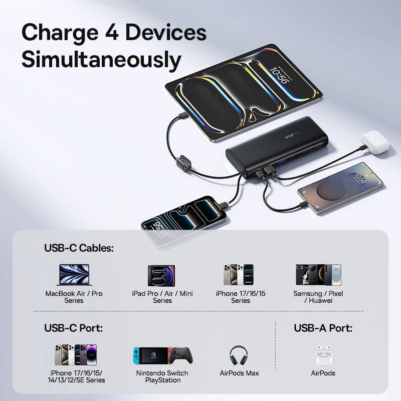 Baseus 145W Power Bank 25000mAh Fast Charging Built-In Type-C Cable Portable Battery Charger for iPhone Samsung MacBook Tablet