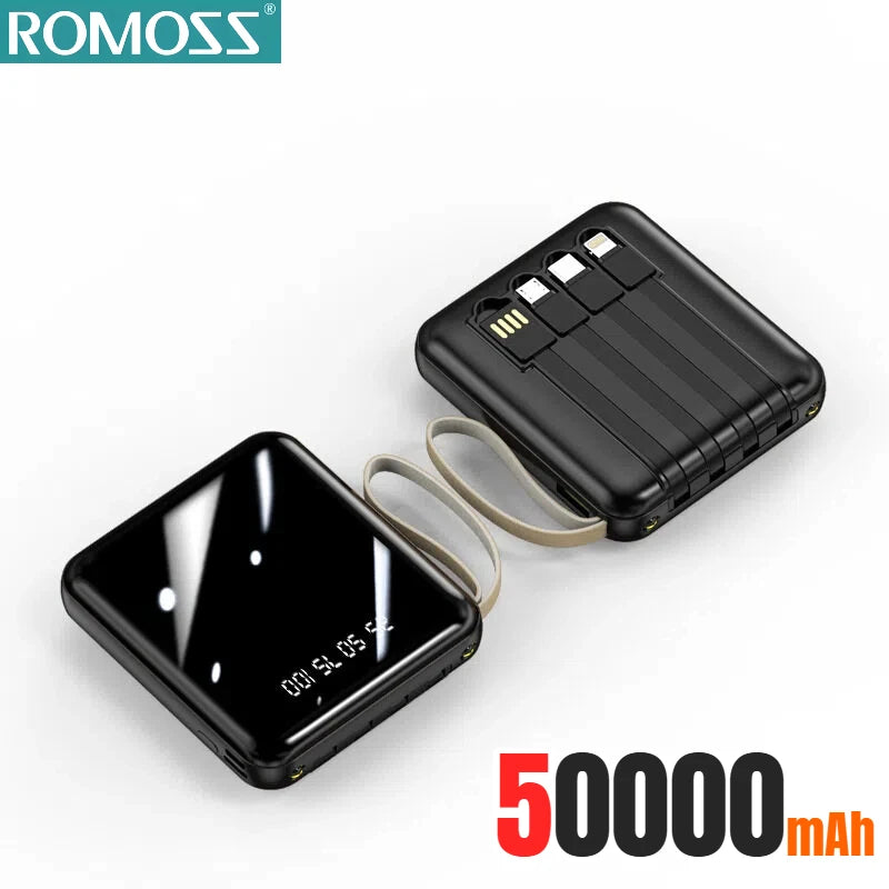 ROMOSS 500000mAh Power Bank Built in 4 Cables Portable Super Fast Charging Digital Display External Battery For iPhone Samsung
