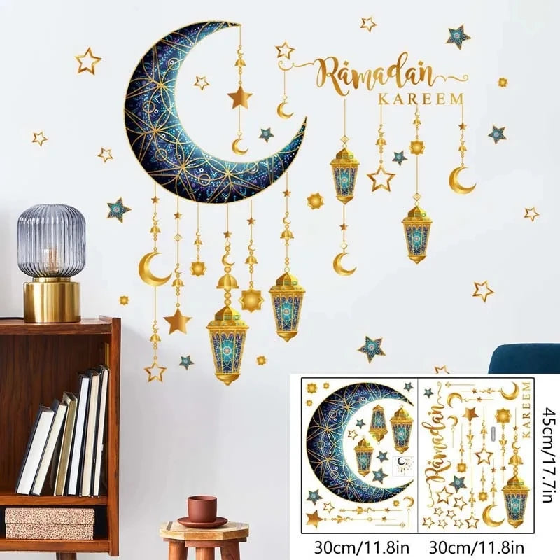 Eid Mubarak Wall Stickers Moon Star Lantern Ramadan Kareem Wall Decals Muslim Islamic Window Sticker Decorations for Home 2026