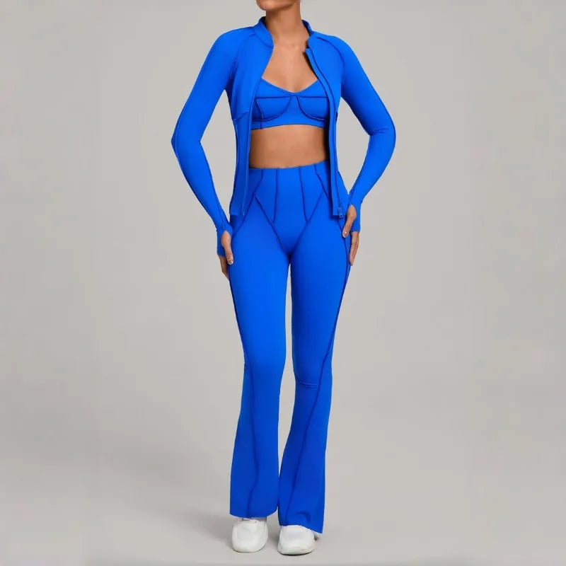 3PCS Women's Seamless Yoga Sets Sports Jackets Bra Flared-pants Suits Slim Fit Hip-Lifting Tracksuits Fitness Gym Workout Sets