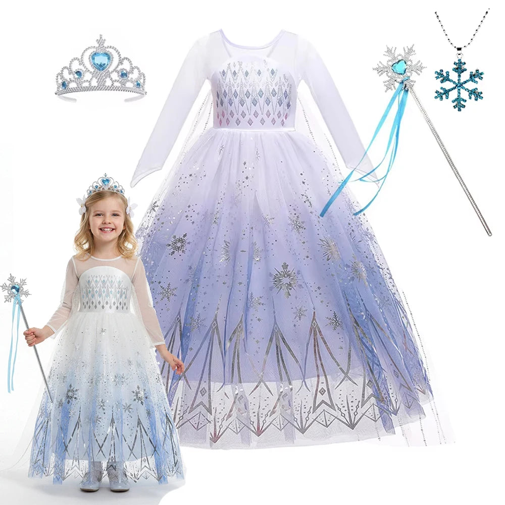 Birthday Kid Girls Cosplay White Elsa Mesh Costumes Snow Queen Elsa Princess Long Dress Halloween Party Carnival Clothes Vestido