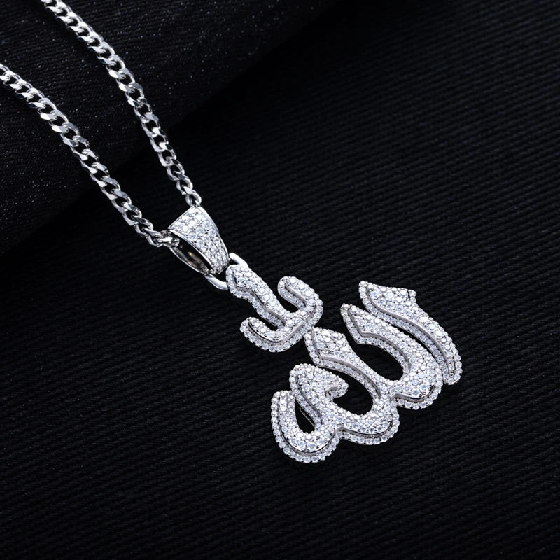 MossanRappr 2.9cttw Moissanite Islam Muslim Rune Patter Pendant Allah Necklace 925 Sterling Silver Hip Hop Jewelry Gifts for Men