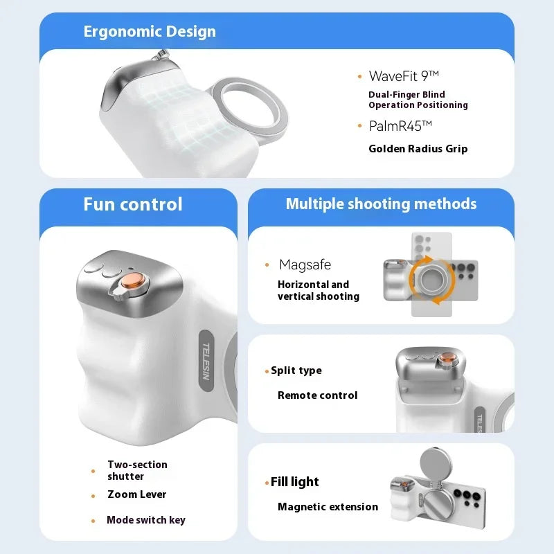 Magnetic Mobile Phone Photography Handle with Remote Control Zoom Feature Vlog Tool Camera Aid for Smartphones