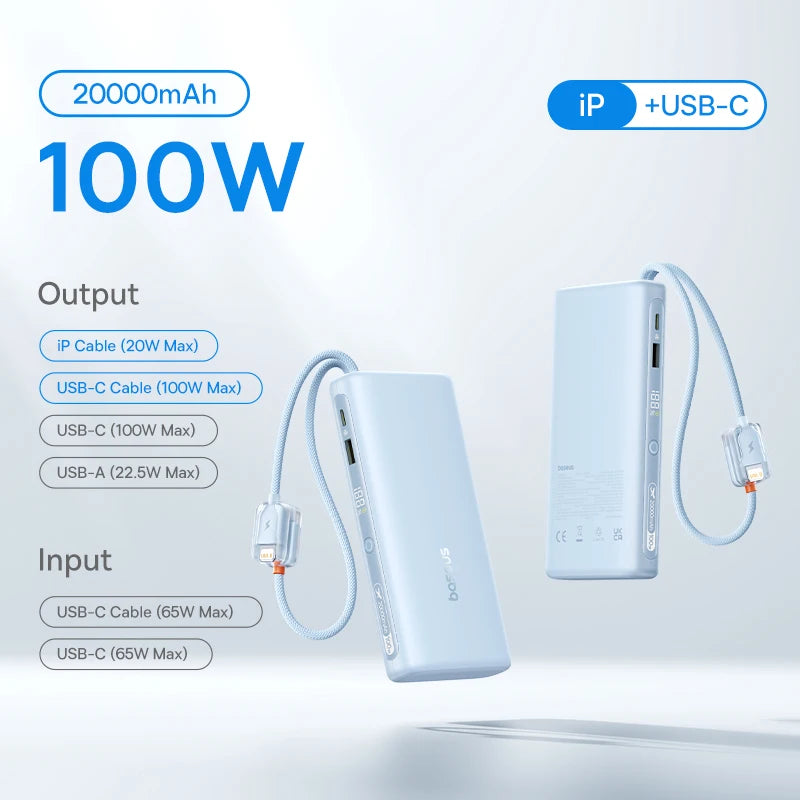 Baseus 145W Power Bank 25000mAh Fast Charging Built-In Type-C Cable Portable Battery Charger for iPhone Samsung MacBook Tablet