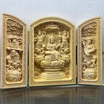 Solid Wood Carving Three Open Buddha Statue, Collapsible Sculpture, Living Room and Bedroom Decoration, Modern Art