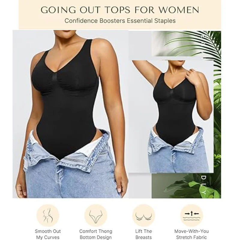 Guudia Ruched Breast Shapewear Bodysuit Wide Shoulder Strap Tummy Control Bodysuits V Neck Shaper Bodysuit Tank Top Bodysuit