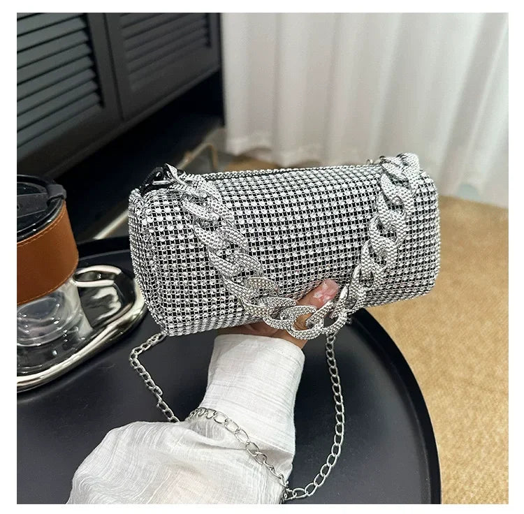 New Outdoors Allover Rhinestone Bucket Bag, Glitter Chain Prom Purse, Women's Mini Crossbody Bag (6.3*3.54) Inch