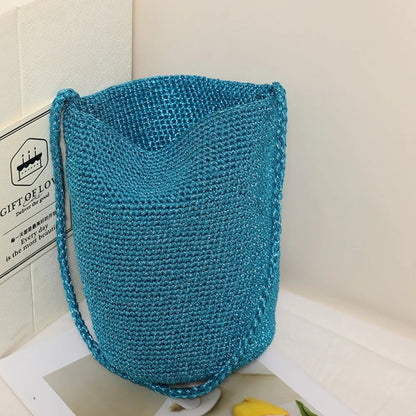 New Large Capacity Handwoven Bucket Bag Solid Color Boho Metal Line Bucket Bag Straw Design Handmade Crossbody Bag Gifts