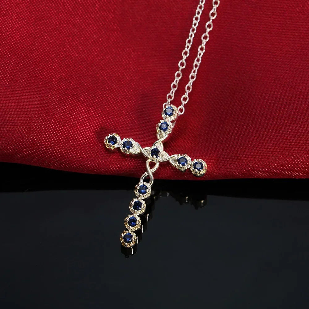 Fashion brand 925 Sterling Silver Necklace For Women Jewelry Blue crystal Exquisite cross Pendant birthday gifts Wedding party
