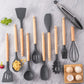 Silicone Kitchen Utensils Set 12-Piece, Heat Resistant, BPA Free, Wooden Handles & Storage Bucket for Non-Stick Cookware, Baking & Cooking