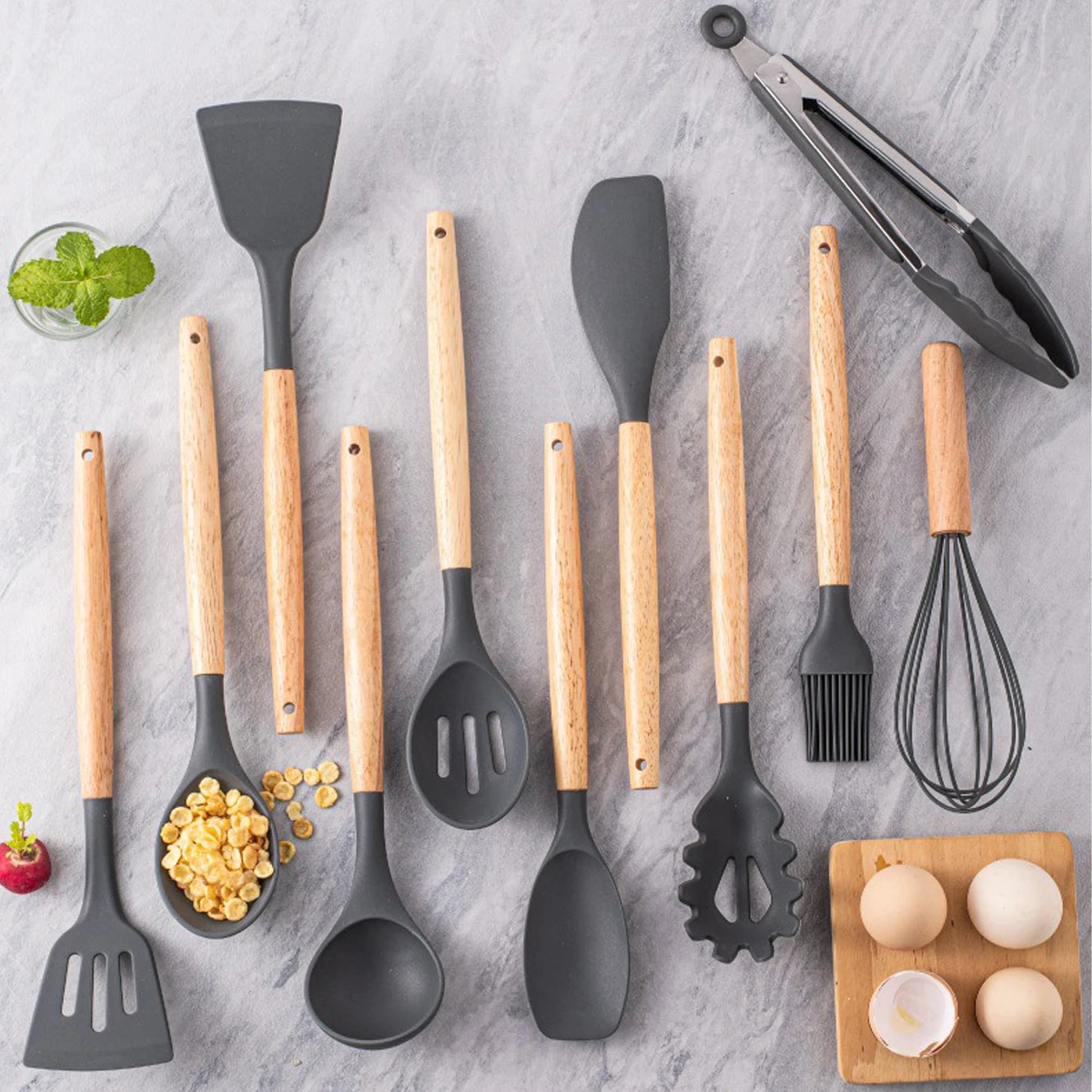 Silicone Kitchen Utensils Set 12-Piece, Heat Resistant, BPA Free, Wooden Handles & Storage Bucket for Non-Stick Cookware, Baking & Cooking