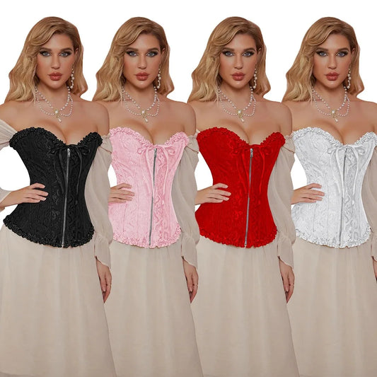Jacquard Victorian Corset Top Zipper Gothic Bustier Overbust Lingerie Lace Medieval Women Sexy Vintage Halloween Costume