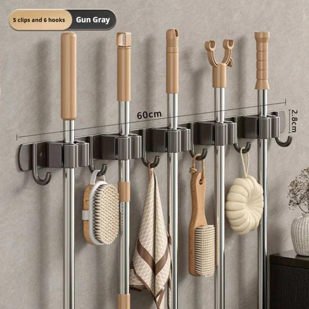 Stainless Steel Mop Broom Holder Wall Mounted No-Drilling Self Adhesive Heavy Duty Utility Storage Rack Garage Garden Organizer