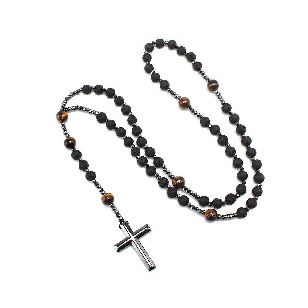 Natural Stone Africa Turquoise and Tiger-eye Beads Cross Pendant Necklace Rosary for Men and Women