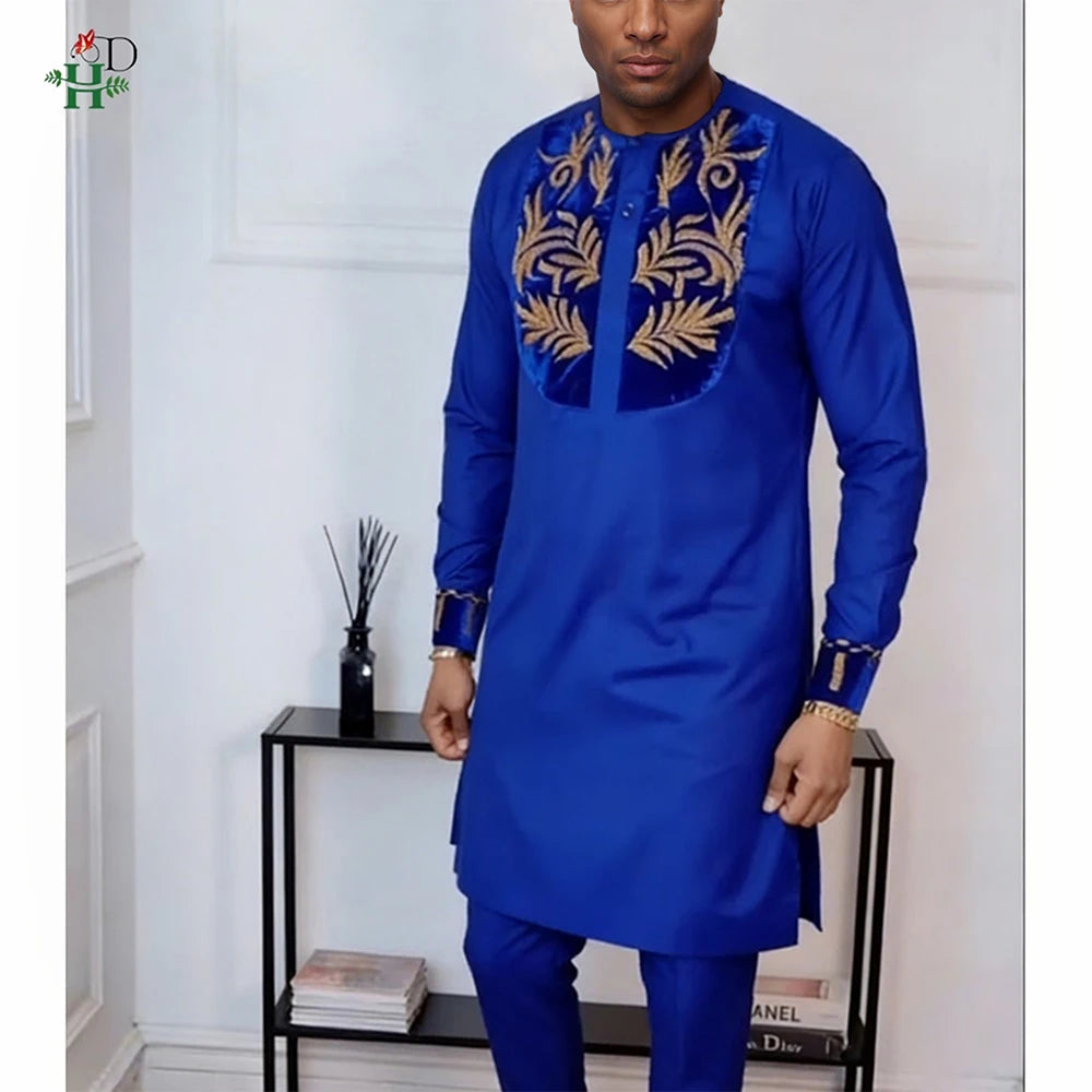 H&D African Clothing For Man Traditional Agbada Sets 2PCS For Boy Thobe Pant Embroidery Wedding Party Father Son Suits Plus Size