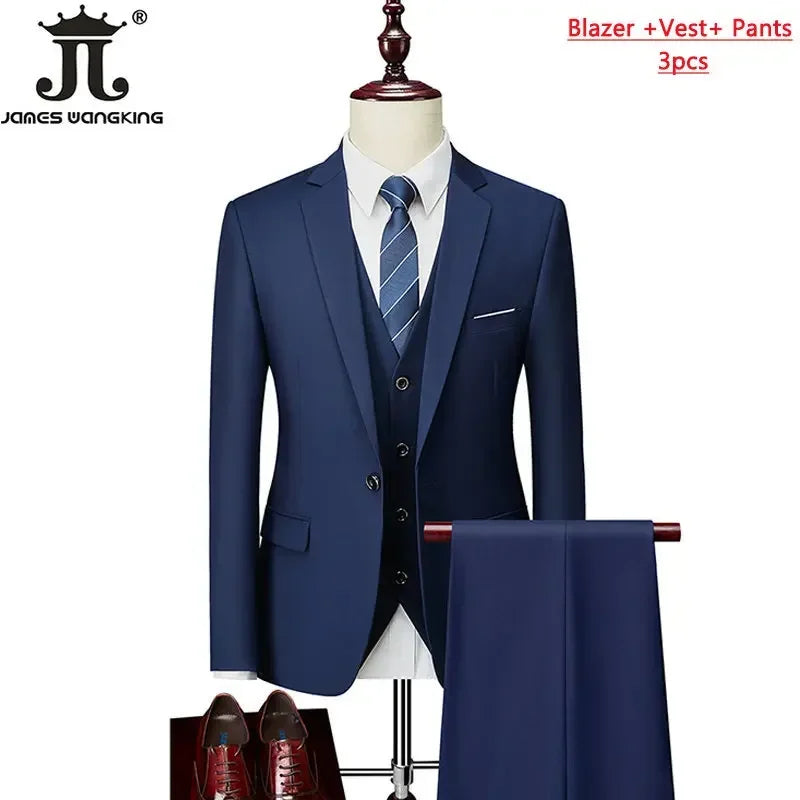 M-6XL 15 Colors ( Jacket+Vest+Pants ) Formal Business Office Men's Suits Groom Wedding Dress Party Dress Solid Color Suit