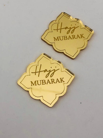 10pcs Hajj Mubarak Engraved Acrylic Cake Charm Mirrored Acrylic Cupcake Topper for Muslim Islamic Eid Al Adha Dinner Table Decor